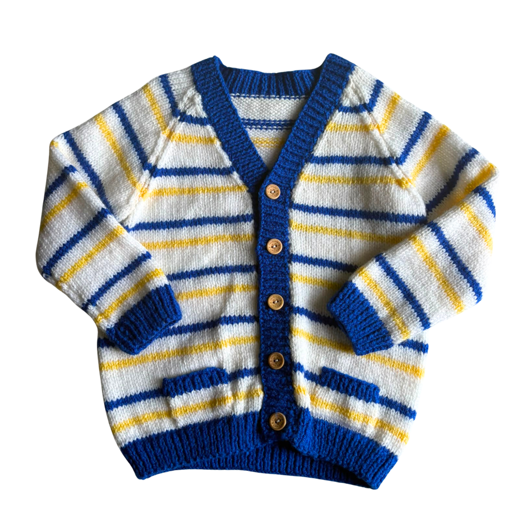 Blue, Yellow and White 2-3 Years Hand-Knit Cardigan
