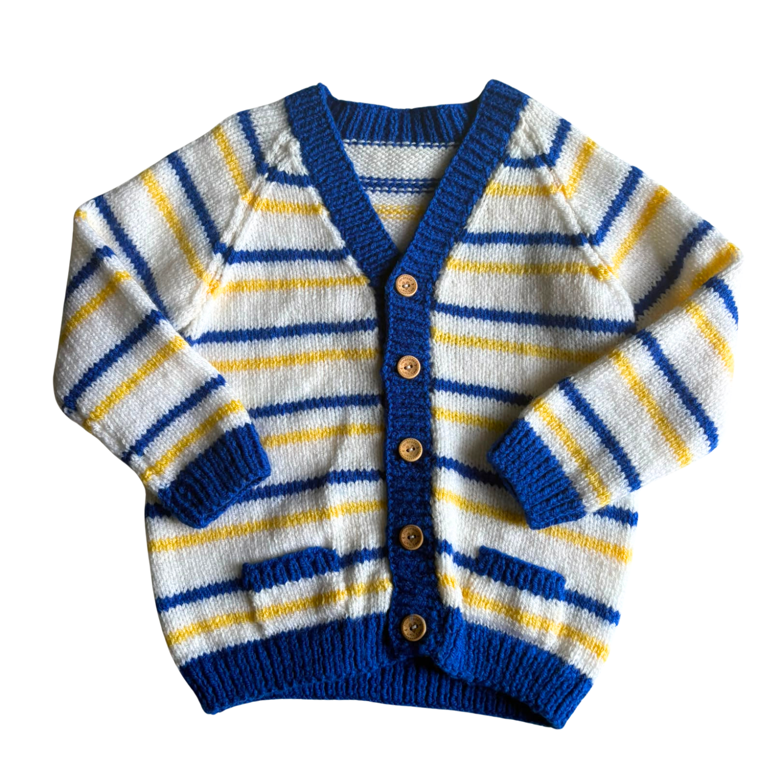 Blue, Yellow and White 2-3 Years Hand-Knit Cardigan