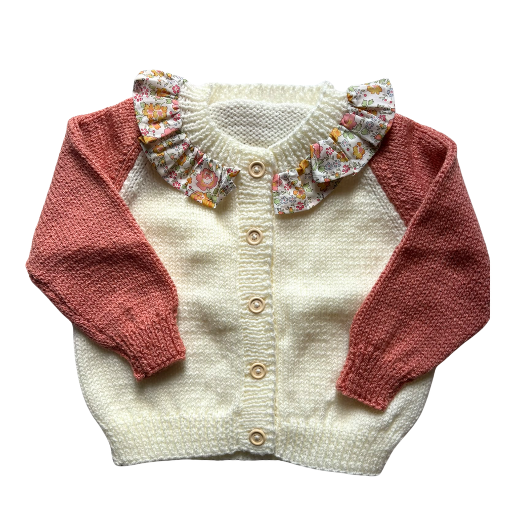 Peach and White Liberty Collar 1-2 Years Hand-Knit Cardigan