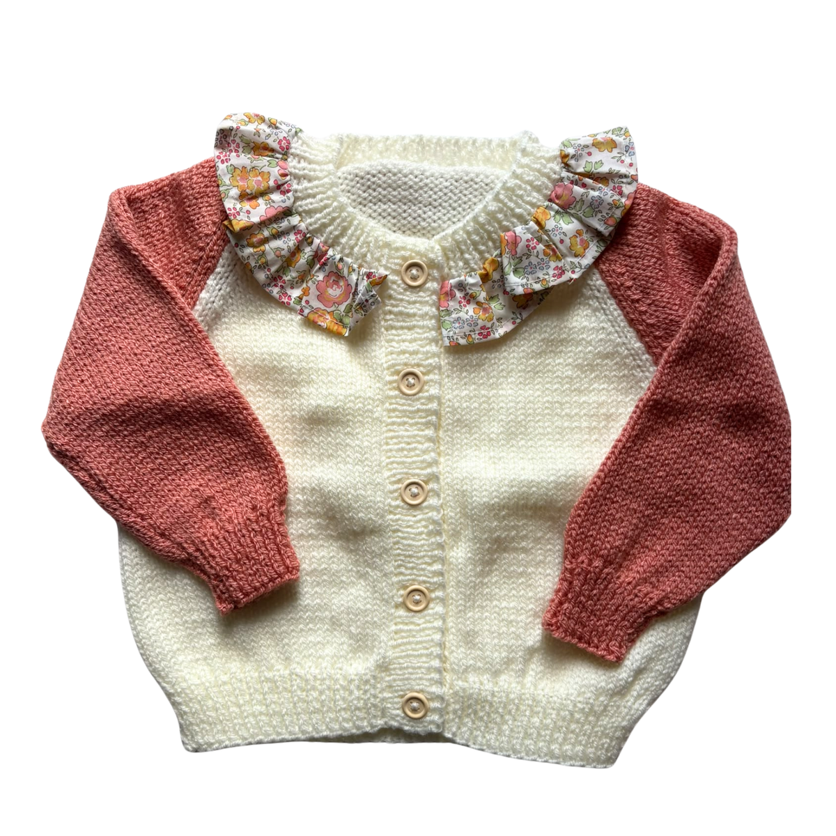 Peach and White Liberty Collar 1-2 Years Hand-Knit Cardigan