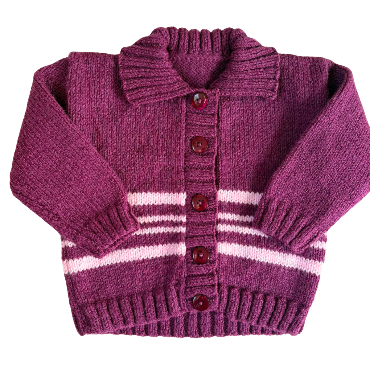 Plum Stripe 9-12 Months Hand-Knit Cardigan