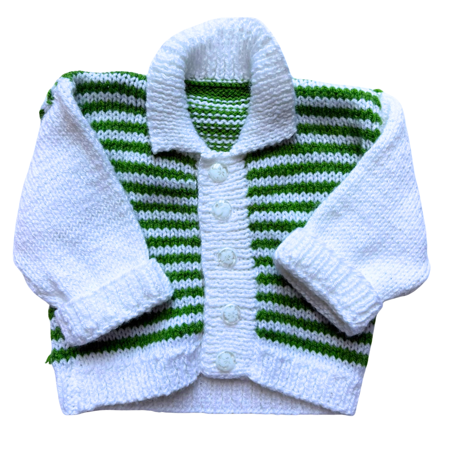 Green White Stripe 0-3 Months Hand-Knit Cardigan