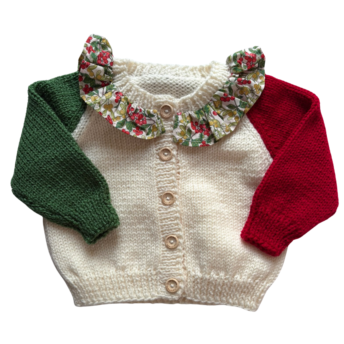 Red and Green Liberty Collar 3-6 Months Hand-Knit Cardigan