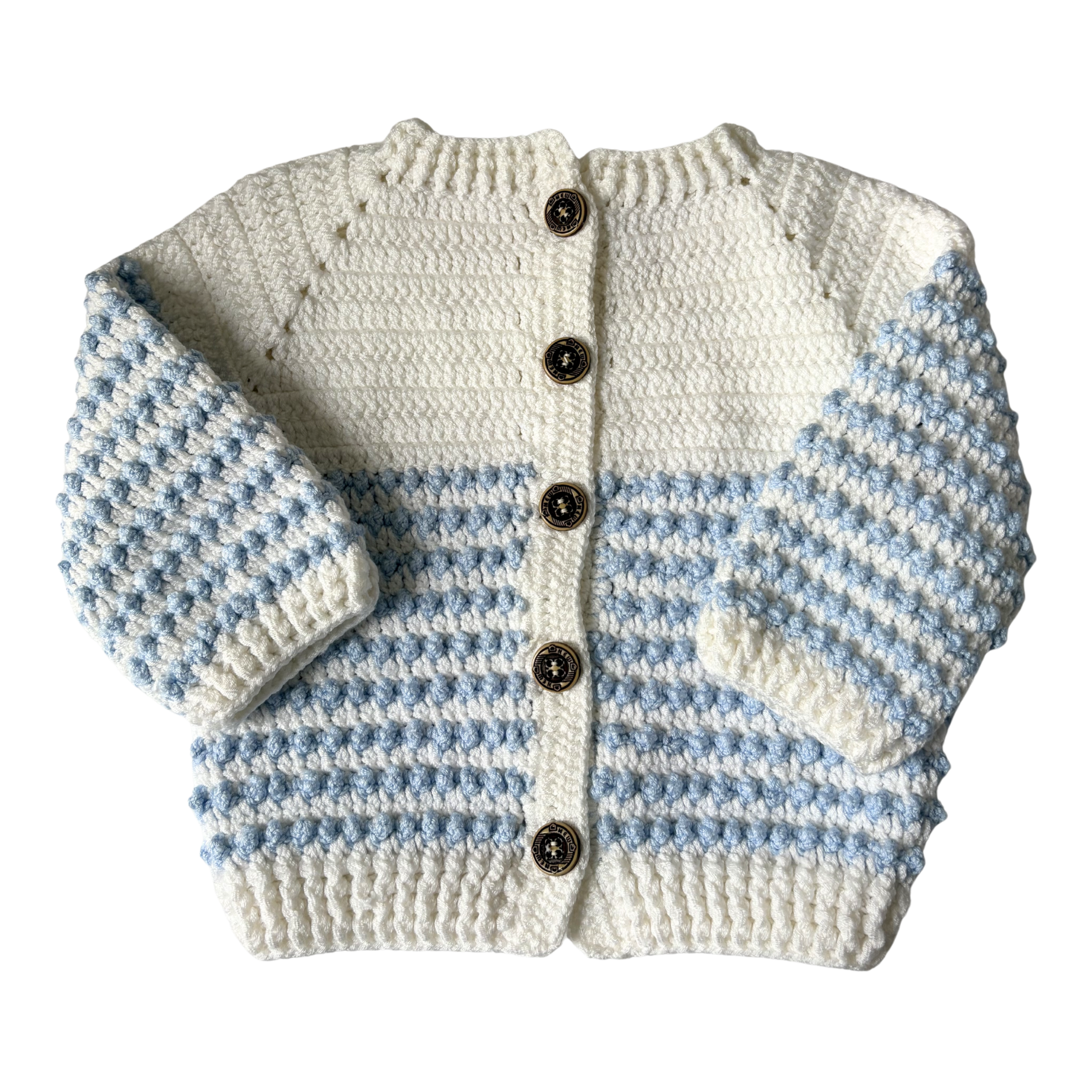 White & Baby Blue 9-12 Months Hand-Knit Cardigan